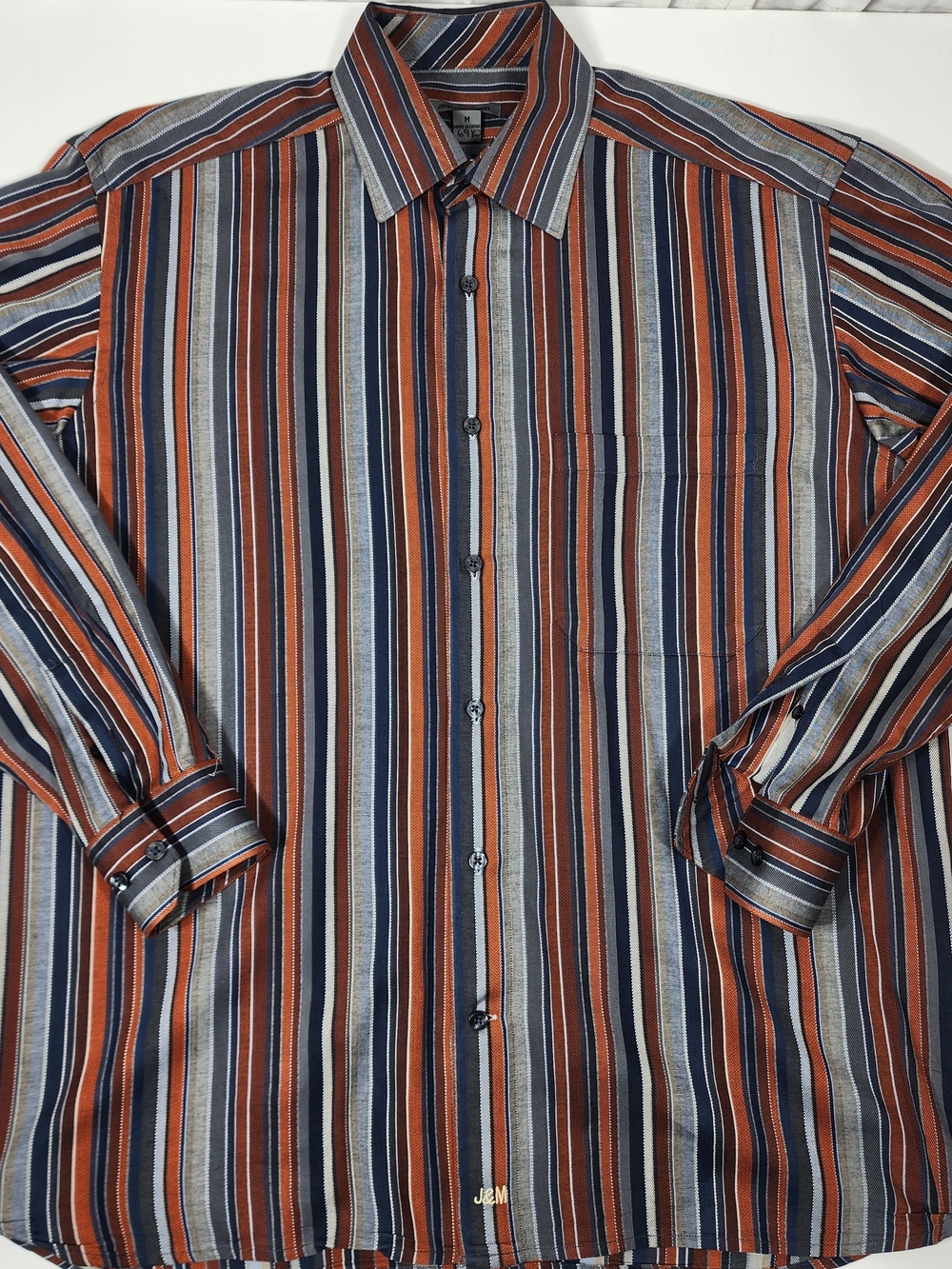 Men's Long-Sleeve Striped Button-Up Shirt in Rust and Navy